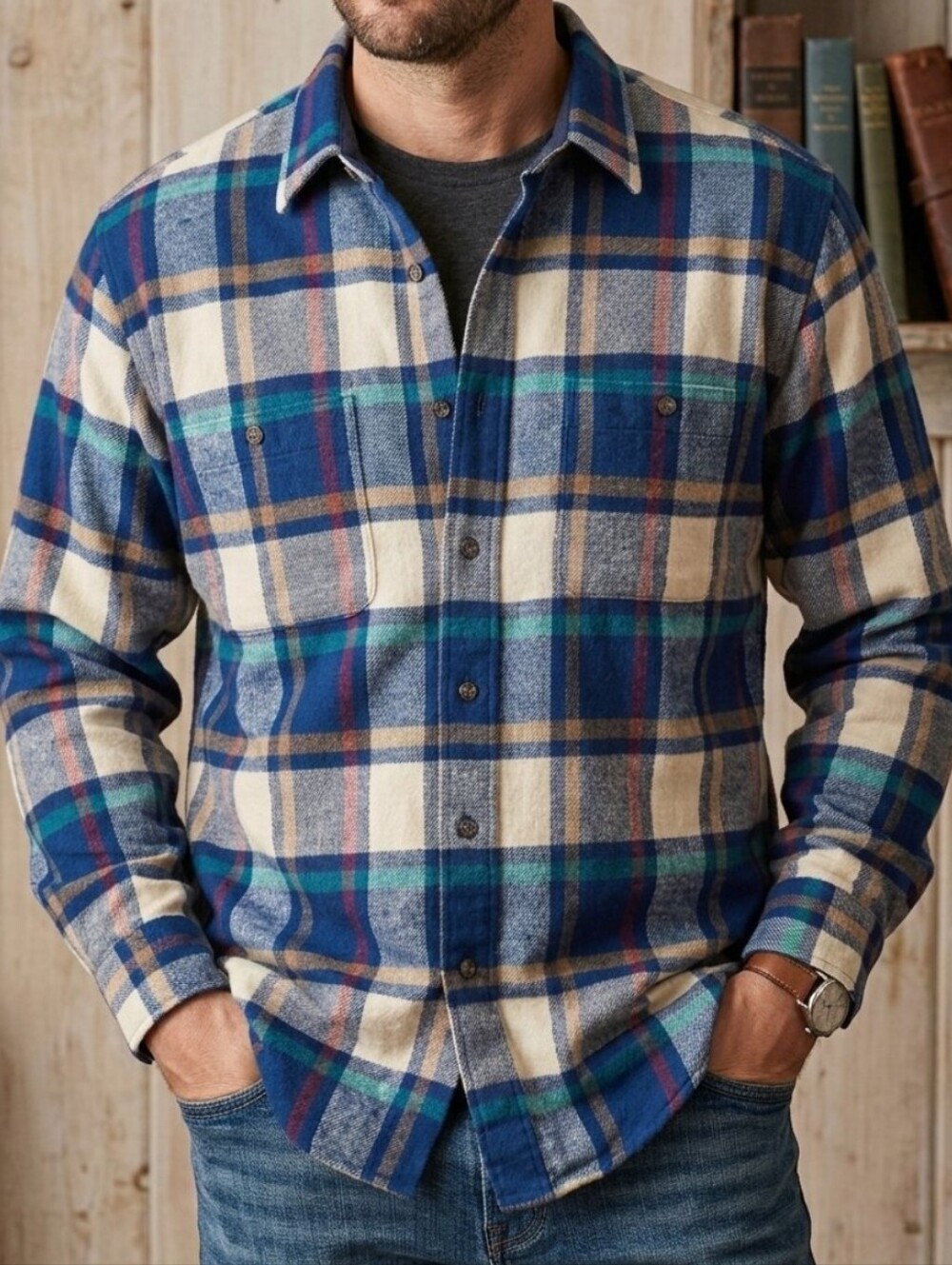 Vintage Cross & Windsor Soft Plaid Flannel Button-Up Long Sleeve Shirt